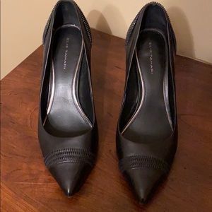 Elie Tahari black leather pumps with zipper detail